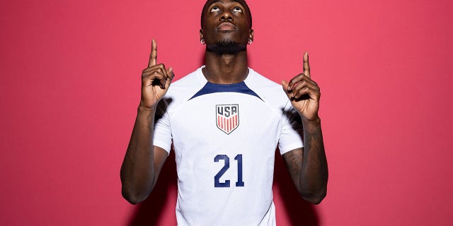 Timothy Weah of United States poses during the official FIFA World Cup Qatar 2022 portrait session at  on November 15, 2022 in Doha, Qatar.