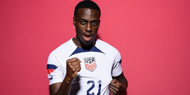 Timothy Weah of United States poses during the official FIFA World Cup Qatar 2022 portrait session at  on November 15, 2022 in Doha, Qatar.