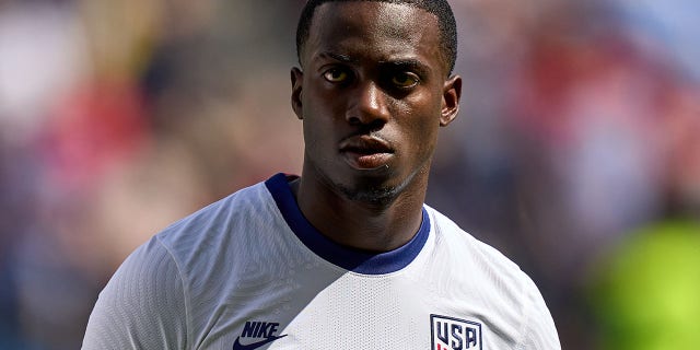 Tim Weah #21 of the United States before a game between Uruguay and USMNT at Children's Mercy Park on June 5, 2022 in Kansas City, Kansas.