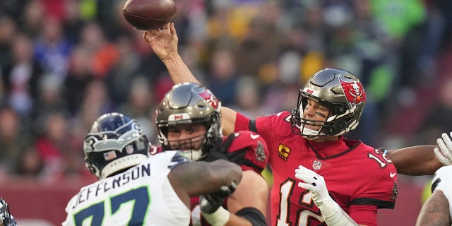 Tampa Bay Buccaneers quarterback Tom Brady throws against the Seattle Seahawks, Sunday, Nov. 13, 2022, in Munich, Germany.