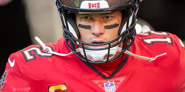 Tom Brady of the Tampa Bay Buccaneers takes to the field for the Seattle Seahawks game at Allianz Arena on Nov. 13, 2022, in Munich, Germany.