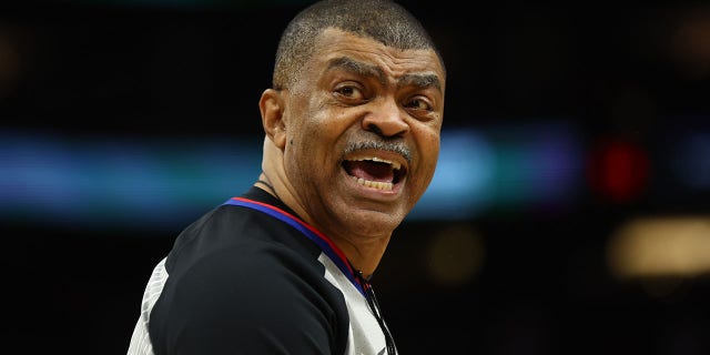 NBA referee Tony Brothers reacts during game two of the New Orleans Pelicans against the Phoenix Suns in the first round of the 2022 NBA Playoffs at Footprint Center on April 19, 2022 in Phoenix.