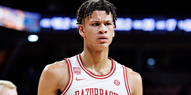 Trevon Brazile, #2 of the Arkansas Razorbacks, reacts after dunking the ball in the second half of a game against the South Dakota State Jackrabbits at Bud Walton Arena on Nov. 16, 2022 in Fayetteville, Arkansas.