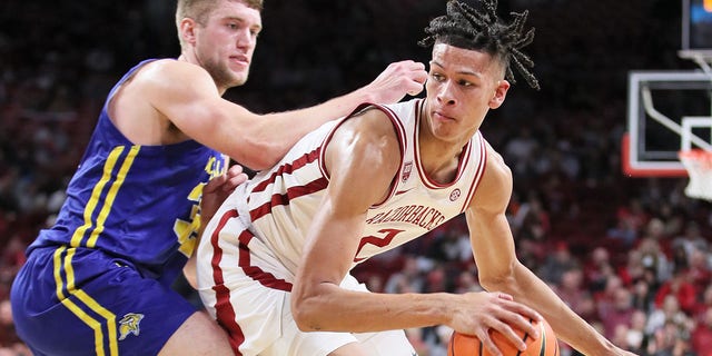 Arkansas Razorbacks forward Trevon Brazile, #2, backs in against South Dakota State Jackrabbits forward Matt Dentlinger, #32, during the second half at Bud Walton Arena Nov. 16, 2022 in Fayetteville, Arkansas.