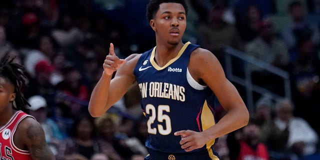 New Orleans Pelicans guard Trey Murphy III, #25, reacts after he made a slam dunk in the first half of an NBA basketball game against the Chicago Bulls in New Orleans, Wednesday, Nov. 16, 2022.