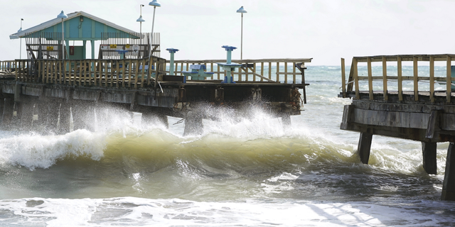 rt of Anglin's Fishing Pier is shown after it collapsed into the ocean after Hurricane Nicole arrived on Nov.  10 in Lauderdale-by-the-Sea, Florida.