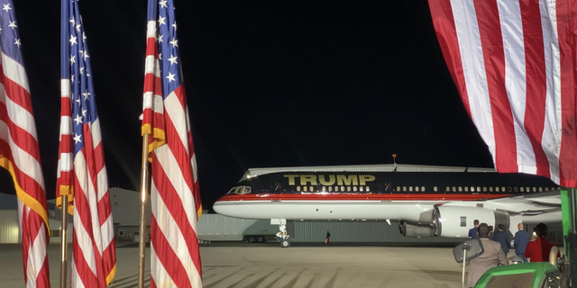 Former President Donald Trump's plane pulls into a rally at Dayton Ohio on Nov. 7, 2022. 