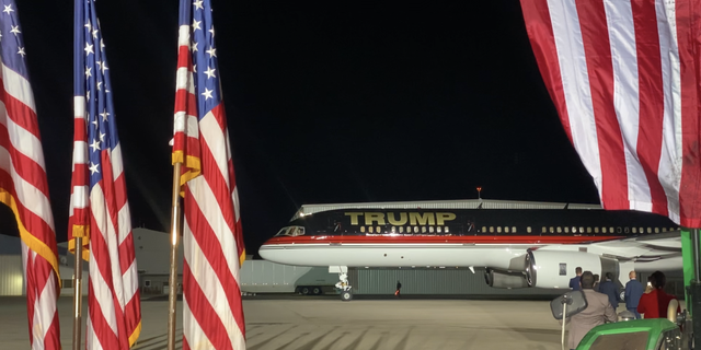 Former President Donald Trump's plane pulls into a rally at Dayton Ohio on Nov. 7, 2022. 