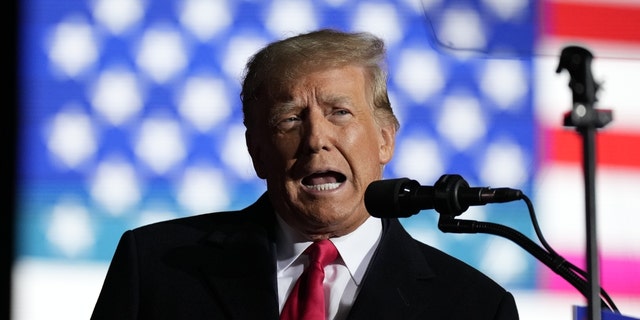 Former U.S. President Donald Trump speaks during a rally at the Dayton International Airport on Nov. 7, 2022, in Vandalia, Ohio. Trump campaigned at the rally for Ohio Republican candidates including Republican candidate for U.S. Senate JD Vance.