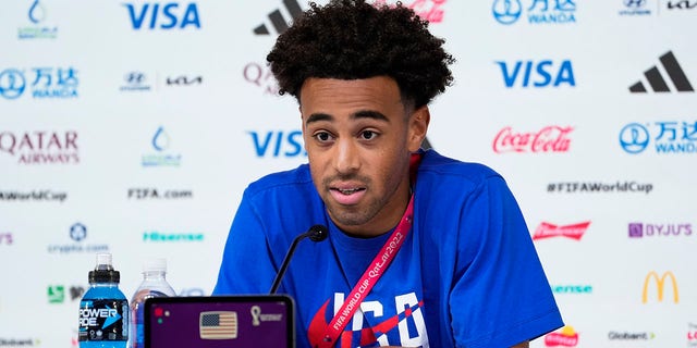 Tyler Adams of the United States attends a press conference on the eve of the Group B World Cup match between Iran and the United States in Doha, Qatar, Nov. 28, 2022.