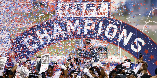 Birmingham Stallions players celebrate after defeating the Philadelphia Stars in the USFL Championship game on July 3, 2022, in Canton, Ohio.