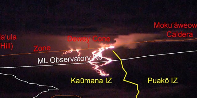 An annotated view of a webcam on Mauna Kea looking toward Mauna Loa shows the flow from Fissure 3 that has moved north to cross the NOAA Mauna Loa Observatory road overnight.