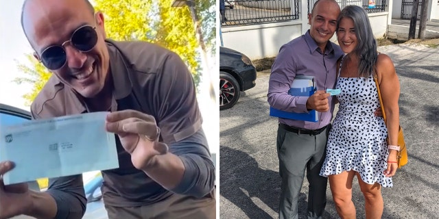 On the left, Yoel Diaz proudly holds up the first paycheck he earned from working at UPS in America. On the right, he poses with his wife, Marissa Diaz, after he was approved for his visa at the U.S. Embassy in Guyana.