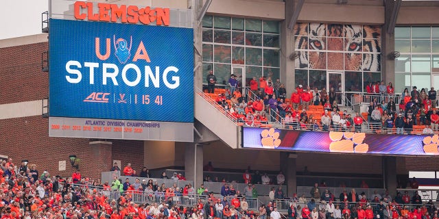 Clemson honors slain University of Virginia football players before an NCAA college football game against Miami on Saturday, November 19, 2022, in Clemson, South Carolina.