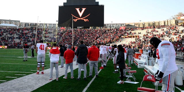 The University of Virginia logo is seen on the scoreboard before an NCAA college football game between Maryland and Ohio State, Saturday, Nov. 19, 2022, in College Park, Md.