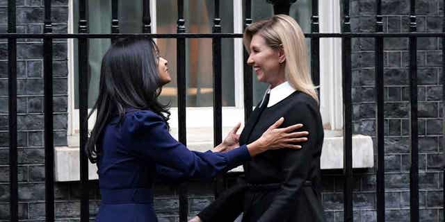 Ukraine's First Lady Olena Zelenska, right, is greeted by U.K. Prime Minister Rishi Sunak's wife, Akshata Murty, in London on Nov. 28, 2022, during her visit to the United Kingdom.