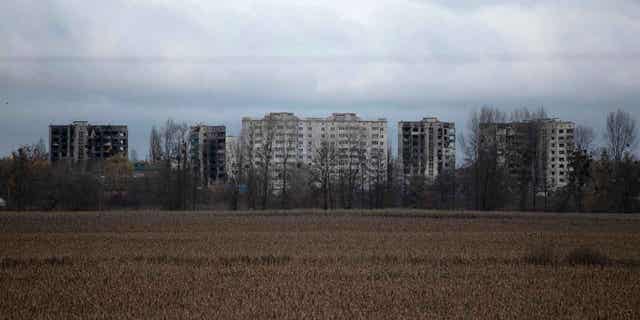 A view of apartment buildings destroyed by fighting in Borodyanka, Kyiv region, Ukraine, Sunday, November 13, 2022.
