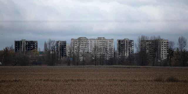 A view of apartment buildings destroyed by fighting, in Borodyanka, Kyiv region, Ukraine, Sunday, Nov. 13, 2022. Ukraine says it will investigate video footage circulated on Russian social media which Moscow alleged shows that Ukrainian forces killed Russian troops who may have been trying to surrender, after one of the men seemingly refused to lay down his weapon and opened fire. 