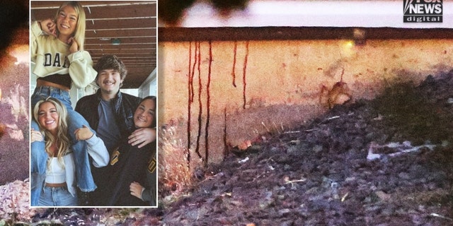 A photo showing blood dripping down the wall of the home where four University of Idaho students (inset) were stabbed to death.