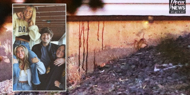 A photo showing blood dripping down the wall of the home where four University of Idaho students (inset) were stabbed to death.