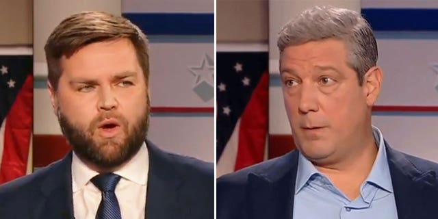 Ohio Senate candidates Tim Ryan, a Democrat, and his Republican challenger, JD Vance, participate in a Fox News town hall event on November 1, 2022, in Columbus, Ohio.