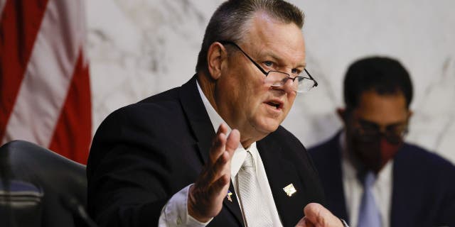 Sen. Jon Tester, a Democrat from Montana, speaks during a Senate Banking, Housing, and Urban Affairs Committee hearing in Washington, D.C., June 22, 2022.