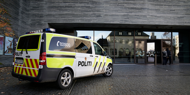 A police vehicle is parked in front of the National Museum, where activists from the organization ''Stopp Oljeletinga'' tried to stick themselves to the frame of Munch's painting. "The Scream"in Oslo, Norway, on Friday, November 11, 2022.