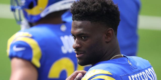 Van Jefferson of the Los Angeles Rams looks on during a team scrimmage at SoFi Stadium on Aug. 29, 2020, in Inglewood, California.