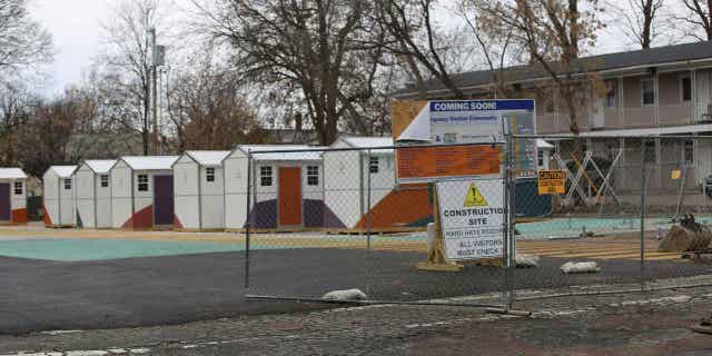 Modules under construction that will house the homeless in Burlington, Vermont on November 23, 2022. The opening of the 30 shelter modules has been delayed until January.
