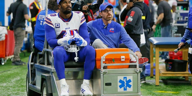 Buffalo Bills linebacker Von Miller is carted off the field during the first half against the Detroit Lions, Nov. 24, 2022, in Detroit.