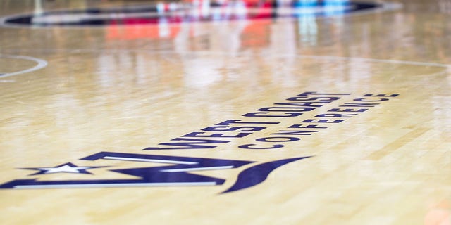 The West Coast Conference logo on the floor during a game between a game between the Pacific Tigers and the BYU Cougars on February 09, 2019, at the Marriott Center in Provo, Utah.