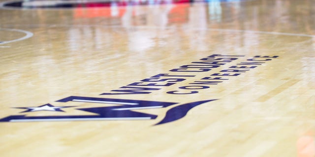 The West Coast Conference logo on the floor during a game between a game between the Pacific Tigers and the BYU Cougars on February 09, 2019, at the Marriott Center in Provo, Utah.