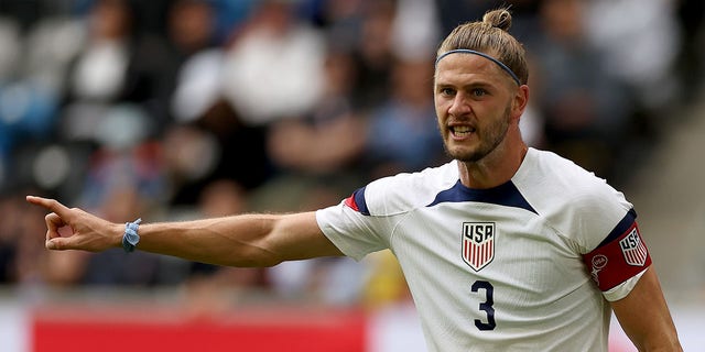 Walker Zimmerman of Team USA gesture during the international friendly match between Japan and United States at Merkur Spiel-Arena on September 23, 2022 in Duesseldorf, Germany.