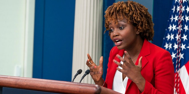 White House press secretary Karine Jean-Pierre speaks with reporters at the White House on Nov. 2, 2022.