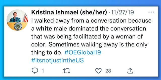 Kristina Ishmael talks about walking away from a conversation when a "white male" started to speak.