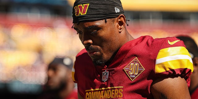 William Jackson III #3 of the Washington Commanders looks on against the Tennessee Titans during the first half of the game at FedExField on October 9, 2022 in Landover, Maryland.