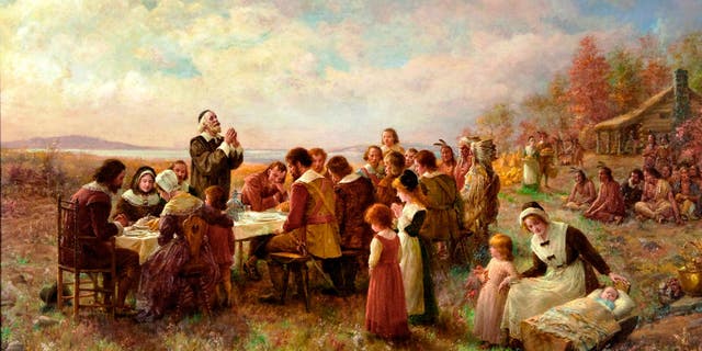 The first Thanksgiving at Plymouth in 1621, painting from 1914. Private Collection. Artist Brownscombe, Jennie Augusta (1850-1936).