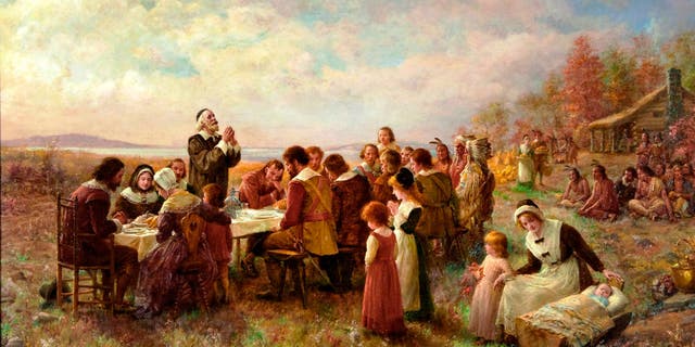 The first Thanksgiving at Plymouth in 1621, painting from 1914. Private Collection. Artist Brownscombe, Jennie Augusta (1850-1936). 