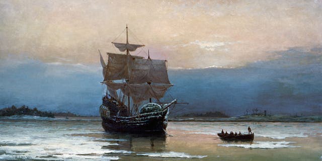 The Mayflower in Plymouth Harbor, Massachusetts, 1620. Painting by William Halsall, 1882. 