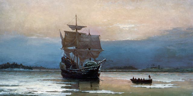 The Mayflower in Plymouth Harbor, Massachusetts, 1620. Painting by William Halsall, 1882. 