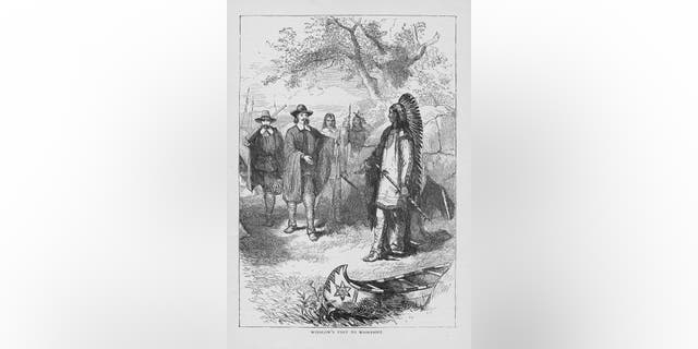 Engraving depicting American colonial leader Edward Winslow visiting Massasoit, leader of the Wampanoag Native Americans, circa 1641. 