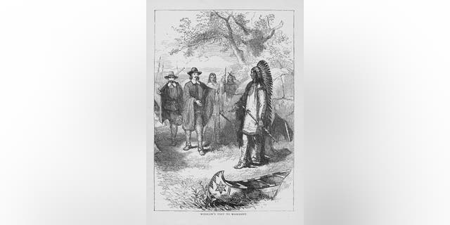 Engraving depicting American colonial leader Edward Winslow visiting Massasoit, leader of the Wampanoag Native Americans, circa 1641.