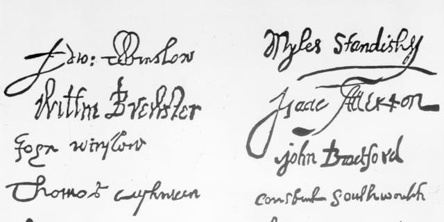 The signatures on the Mayflower Compact of passengers on board the Mayflower in November 1620. The compact was the first governing document of Plymouth Colony. Included are the signatures of William Brewster, William Bradford, Myles Standish and, top left, Edward Winslow. 