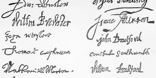 The signatures on the Mayflower Compact of passengers on board the Mayflower in November 1620. The compact was the first governing document of Plymouth Colony. Included are the signatures of William Brewster, William Bradford, Myles Standish and, top left, Edward Winslow. 