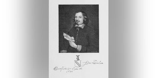 Engraved portrait of separatist author Edward Winslow, with his signature, 1651.
