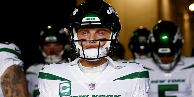 Zach Wilson of the New York Jets prior to a game against the New England Patriots on November 20, 2022 at Gillette Stadium in Foxboro, Mass.