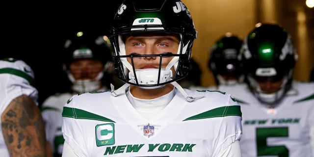 Zach Wilson, #2 of the New York Jets, looks on prior to a game against the New England Patriots at Gillette Stadium on Nov. 20, 2022 in Foxborough, Massachusetts.