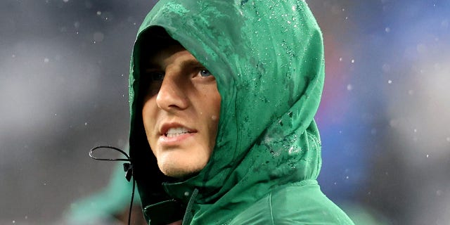 Zach Wilson, #2 of the New York Jets, looks on in the second half of a game against the Chicago Bears at MetLife Stadium on Nov. 27, 2022 in East Rutherford, New Jersey.