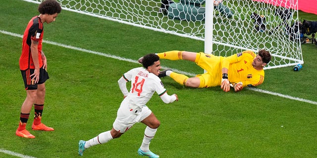 Morocco's Zakaria Aboukhlal scores his side's second goal during the World Cup group F soccer match between Belgium and Morocco, at the Al Thumama Stadium in Doha, Qatar, Sunday, Nov. 27, 2022. 