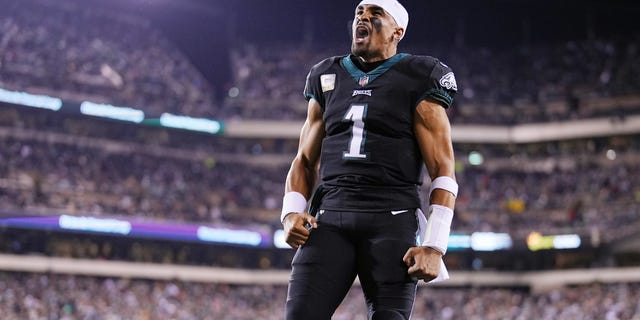 Jalen Hurts #1 of the Philadelphia Eagles reacts in the end zone prior to the game against the Green Bay Packers at Lincoln Financial Field on November 27, 2022 in Philadelphia, Pennsylvania. 